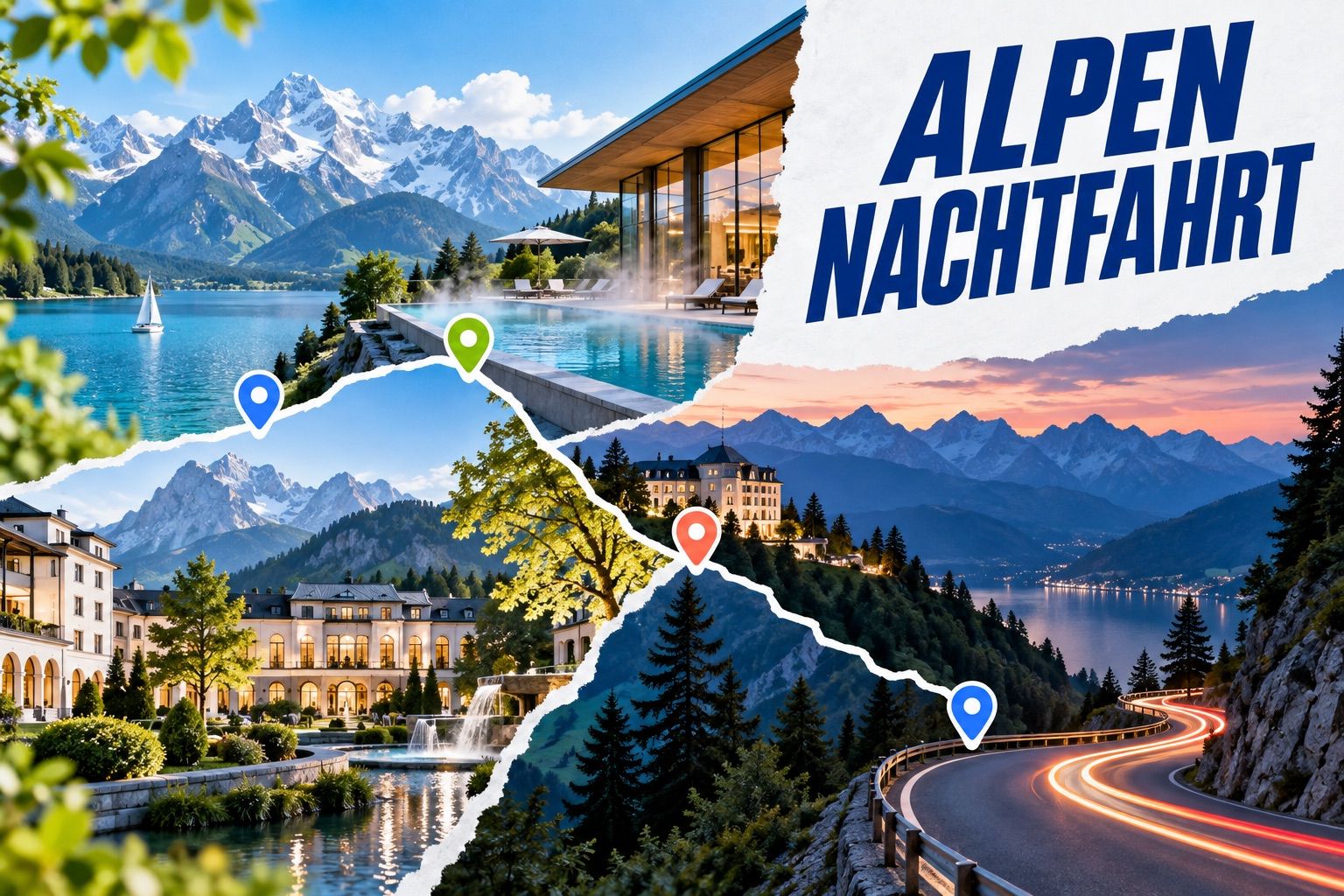 Collage aus Alpensee, Bergen, Hotelarchitektur und kurviger Abendstraße